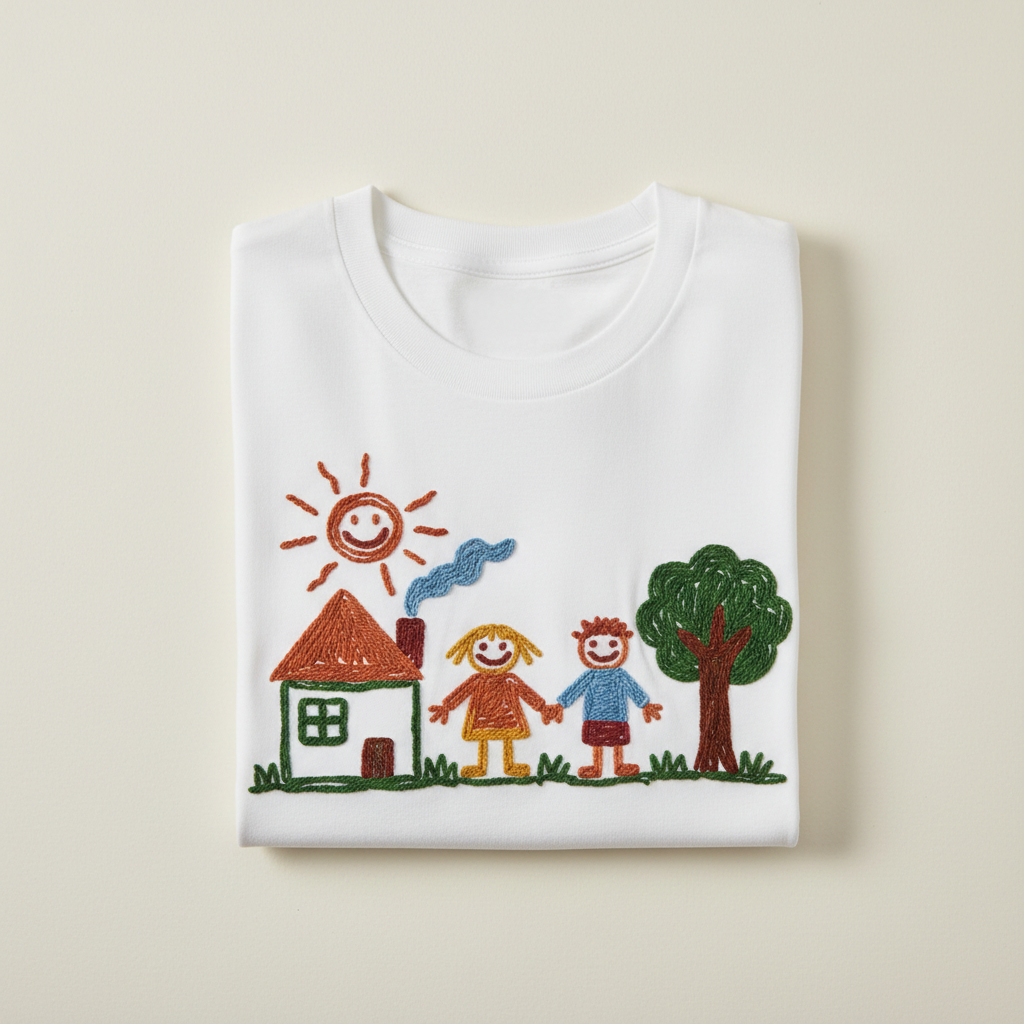 Παιδική ζωγραφιά σε κέντημα σε t-shirt